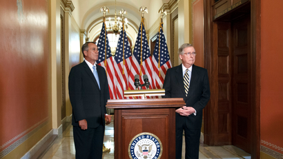 House Speaker John Boehner, R-Ohio, left, and Senate Minority Leader Mitch McConnell, R-Ky., the top two Republicans in Congress, talk about their lunch meeting with President Obama to discuss rising gasoline prices, at a news conference at the Capitol in Washington, Feb. 29, 2012.
