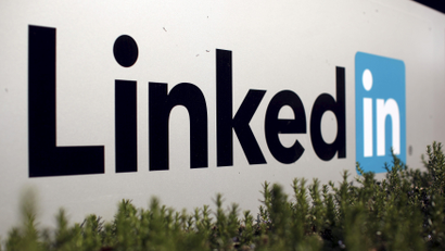 The logo for LinkedIn Corporation is shown in Mountain View, California, U.S.