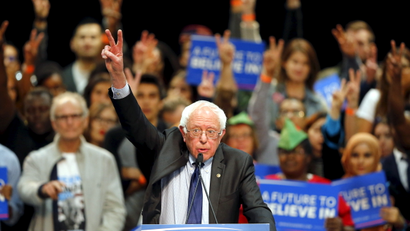 Democratic U.S. presidential candidate Bernie Sanders gestures as he speaks about the terror attack in Brussels during a campaign rally in San Diego, California March 22, 2016.