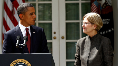 U.S. President Barack Obama announces consumer advocate Elizabeth Warren (R) as special adviser leading the creation of the Consumer Financial Protection Bureau in the Rose Garden of the White House in Washington September 17, 2010.