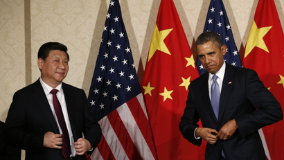 DATE IMPORTED:March 24, 2014U.S. President Barack Obama (R) meets China's President Xi Jinping, on the sidelines of a nuclear security summit, in The Hague March 24 2014. Obama began crisis talks with his European allies on Monday after Ukraine announced the evacuation of its troops from Crimea, effectively yielding the region to Russian forces which stormed one of Kiev's last bases there. Obama, who has imposed tougher sanctions on Moscow than European leaders over its seizure of the Black Sea peninsula, will seek support for his firm line at a meeting with other leaders of the G7 - a group of industrialised nations that excludes Russia, which joined in 1998 to form the G8. REUTERS/Kevin Lamarque