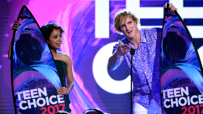Liza Koshy and Logan Paul accept the award for choice female and male web stars at the Teen Choice Awards at the Galen Center on Sunday, Aug. 13, 2017, in Los Angeles.