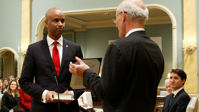 Ahmed Hussen is sworn-in as Canada's Minister of Immigration, Refugees and Citizenship during a cabinet shuffle at Rideau Hall in Ottawa, Ontario, Canada, January 10, 2017.