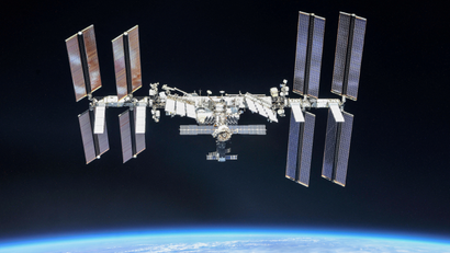 ISS photographed by Expedition 56 crew members from a Soyuz spacecraft after undocking