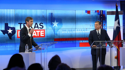 U.S. Rep. Beto O'Rourke, D-Texas, left, and U.S. Sen. Ted Cruz, R-Texas, right, take part in a debate for the Texas U.S. Senate