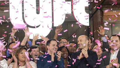 Lyft's co-founders and employees cheer its trading debut.