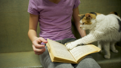 girl reading with cat
