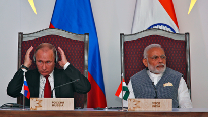 India's PM Modi and Russian President Putin attend an exchange of agreements event after the India-Russia Annual Summit in Benaulim, in the western state of Goa