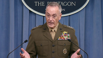 U.S. Joint Chiefs of Staff Chairman General Joseph Dunford is seen in a frame grab from U.S. Department of Defense video as he speaks to the media about the deaths of four U.S. Army special operations forces soldiers in Niger during a news conference about the attack at the Pentagon in Washington, U.S. October 23, 2017. - RC19F8D9F9A0