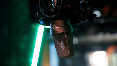 A microphone is seen at a recording studio