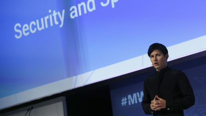 Founder and CEO of Telegram Pavel Durov delivers a keynote speech during the Mobile World Congress in Barcelona