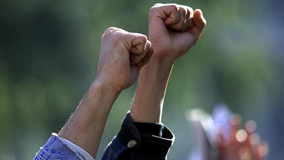 Two fists raised in solidarity