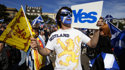 Demonstrators take part in a pro-independence rally in Princes Street gardens in Edinburgh.