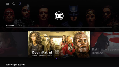 DC Comics hub on the HBO Max streaming service interface
