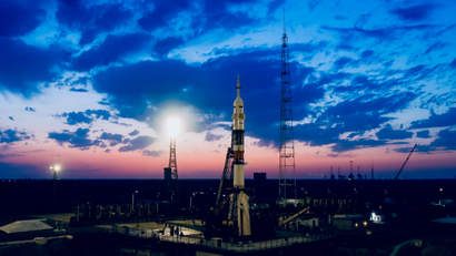 The Soyuz MS-13 spacecraft is set on the launchpad during the sunset at the Baikonur Cosmodrome