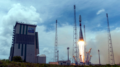 A rocket carrying O3b satellites lifts off in South America.