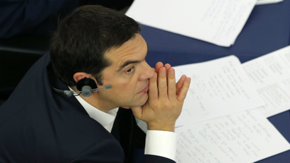 Greek Prime Minister Alexis Tsipras attends a debate on Greece at the European Parliament in Strasbourg, France, July 8, 2015.
