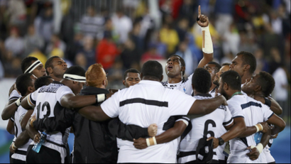 Fiji rugby sevens team win gold at the Rio Olympics 2016.