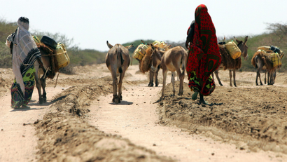 Kenyan woman walk with their donkeys carrying water after trekking for miles for water near the northern town of Wajir