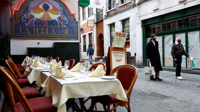 tables set for outdoor dining in Brussels, Belgium