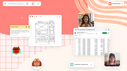 A screenshot from collaboration startup With, displaying a shared desktop with notes, a spreadsheet, a drawing, and several avatars representing coworkers.