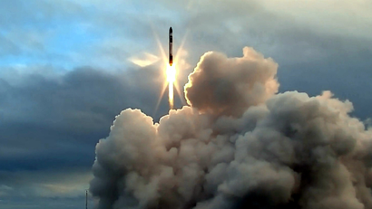 A supplied image of the launch and maiden flight of a battery-powered, 3-D printed rocket built by Rocket Lab, a Silicon Valley-funded space launch company, at New Zealand's remote Mahia Peninsula, May 25, 2017.