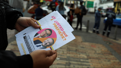 A flyer with the image of Colombian left-wing presidential candidate Gustavo Petro and Colombian centre-right presidential candidate Rodolfo Hernandez