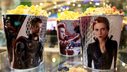 Popcorn buckets are seen during an early premiere of "The Avengers: Endgame" movie in La Paz