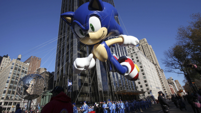 The "Sonic the Hedgehog" balloon floats around Columbus Circle during the 85th annual Macy's Thanksgiving day parade in New York