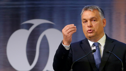 Hungarian Prime Minister Viktor Orban delivers a speech.