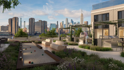A terrace area with bocce court in a new Greenpoint residential development.