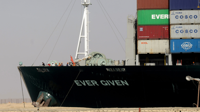 The Ever Given, one of the world's largest container ships, is seen after it was fully floated in the Suez Canal