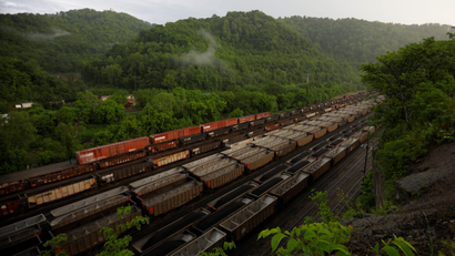 Coal loaded onto train cars in a mountain in West Virginia
