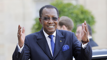 Chadian President Idriss Deby Waves at the Photographers As He Leaves the Elysee Palace After a Meeting with French President Francois Hollande in Paris France 14 May 2015 the Discussions Were Mainly Focused Around the Situation in Burundi and Boko Haram France Paris France Chad Deby Diplomacy - May 2015
