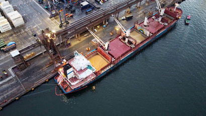 A bulk vessel unloads soybeans at a port. The soybeans are not packaged and are contained directly inside chambers of the ship.