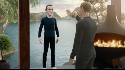 Mark Zuckerberg lifting up his virtual avatar