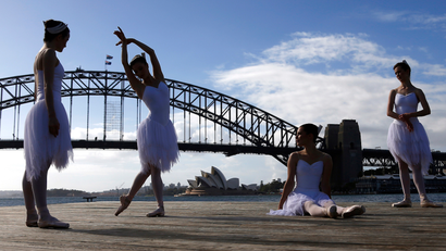 ballerinas from the australian ballet in front of sydney harbour bridge