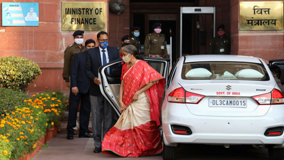 India's Finance Minister Nirmala Sitharaman arrives at the finance ministry before she leaves to present the federal budget in the parliament in New Delhi