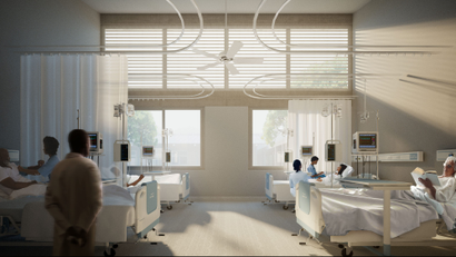 An image of a rendering of the patient ward in a district hospital, as part of the Agenda 111 in Ghana. Rendering by Adjaye Associates