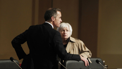 U.S. Federal Reserve Board Chair Janet Yellen talks with Mark Carney, Governor of the Bank of England, during a G20 finance ministers and central bank governors.