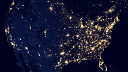 The United States, seen from space, at night.