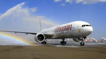Ethiopian Airlines' newly acquired Boeing 777-300ER aircraft, with a seating capacity of 400 passengers, arrives at the Bole International Airport in Capital Addis Ababa November 8, 2013.