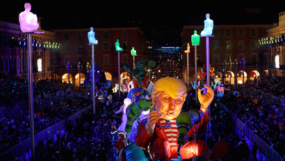 A float with a giant figure of US President Donald Trump is paraded at the Nice Carnival parade 2017.