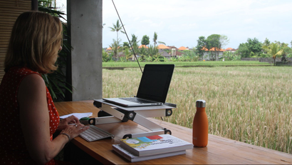 working looking at rice paddies