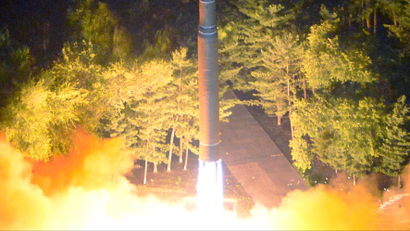 A photo made available by the North Korean Central News Agency (KCNA), the state news agency of North Korea, shows the second test-fire of ICBM Hwasong-14 at an undisclosed location in North Korea, 28 July 2017 (issued 29 July 2017). According to South Korea's Joint Chiefs of Staff, North Korea has test-fired a ballistic missile into the East Sea on 28 July 2017, from the North's Jagang Province. North Korean leader Kim Jong-un hailed the latest intercontinental ballistic missile test as a success claiming he could strike the entire continental US, state media reported.