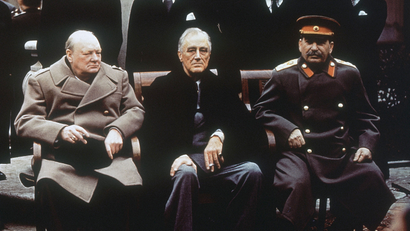 This is a Feb. 4, 1945, file photo of from left, British Prime Minister Winston Churchill, U.S. President Franklin Roosevelt and Soviet Premier Josef Stalin as they sit on the patio of Livadia Palace, Yalta, Crimea. Churchill Britain's famous World War II prime minister died fifty years ago on January 24 1965.