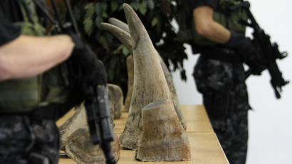 Police officers stand guard next to a part of a shipment of 24 rhino horns seized by the Customs Administration of the Czech Republic during a news conference in Prague July 23, 2013.