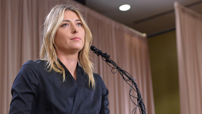 Maria Sharapova speaks to the media announcing a failed drug test after the Australian Open during a press conference today at The LA Hotel Downtown.