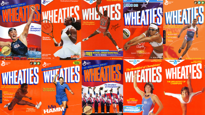Collage of Wheaties boxes featuring Summer Olympic athletes.