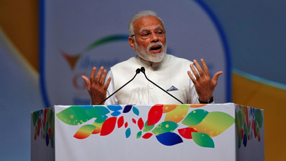 India's Prime Minister Narendra Modi speaks during the Vibrant Gujarat Global Summit in Gandhinagar